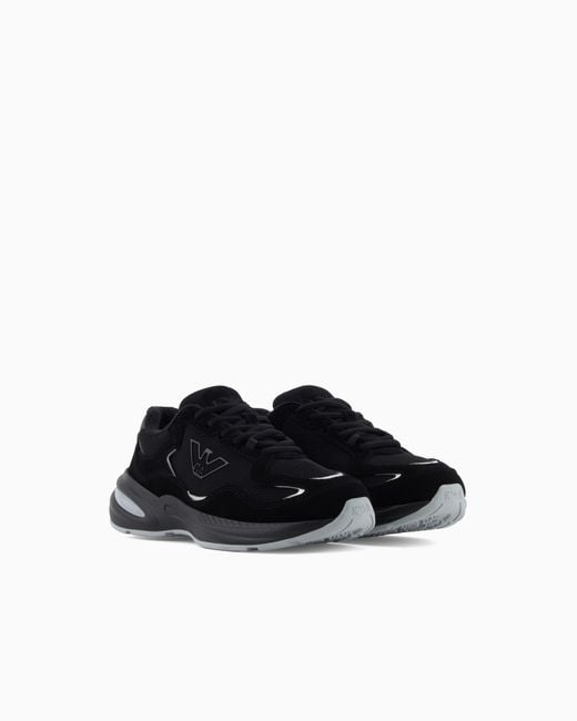 Emporio Armani Black Mesh Sneakers With Suede Details And An Eagle Logo