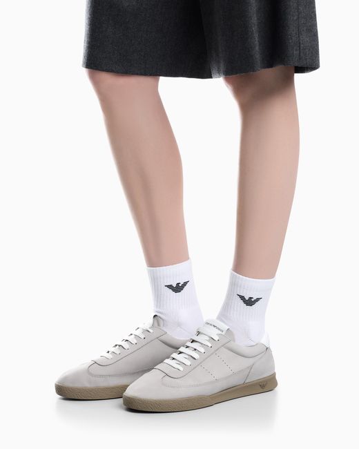 Emporio Armani White Nubuck Sneakers With Perforated Details And A Rubber Sole