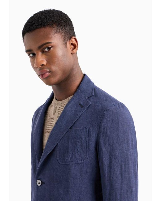 Emporio Armani Blue Single-breasted Jacket In Faded Linen With A Crêpe Texture for men