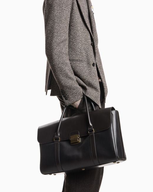 Emporio Armani Black Leather Briefcase With A Flap Closure And A Metal Clasp for men