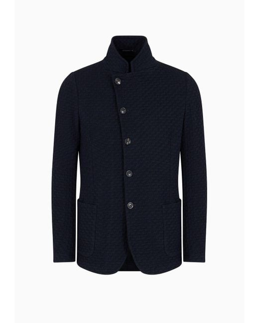 Emporio Armani Blue Guru-collar Jacket With Off-center Fastening In Grisaille-weave Jersey for men
