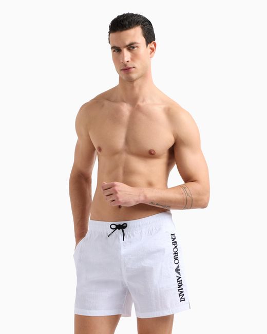 Emporio Armani White Swim Shorts With Vertical Logo Embroidery for men