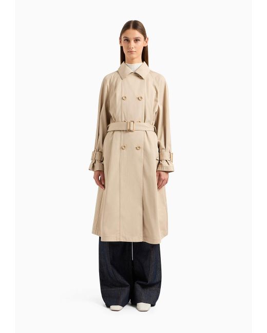 Emporio Armani Natural Double-breasted Trench Coat With Belt In Water-repellent Technical Cotton
