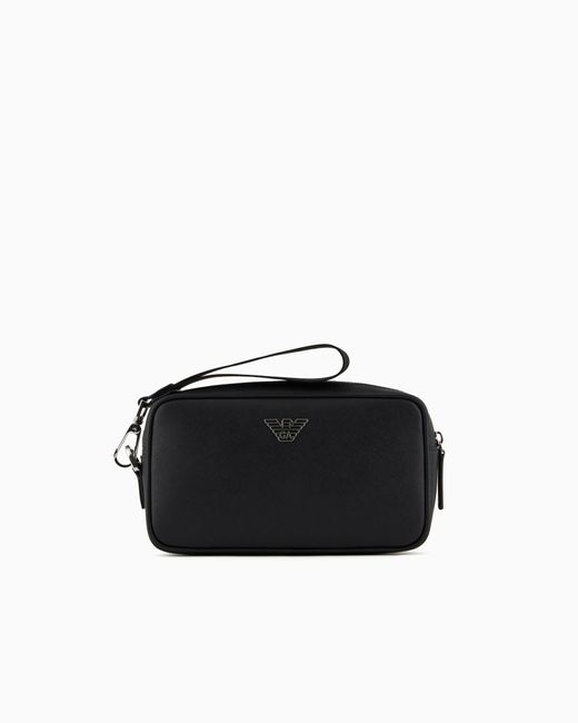 Emporio Armani Black Regenerated Saffiano Leather Washbag With Eagle Plate for men
