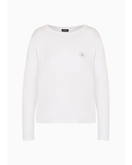 Emporio Armani White Loungewear Pullover Aus Fließender Viskose Mit Adler-logonieten