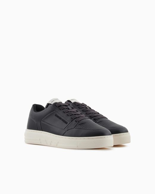 Emporio Armani Blue Leather Sneakers With Thermoformed Details