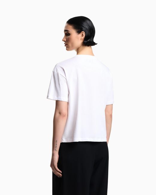 Emporio Armani White Jersey T-Shirt With Rhinestone Eagle