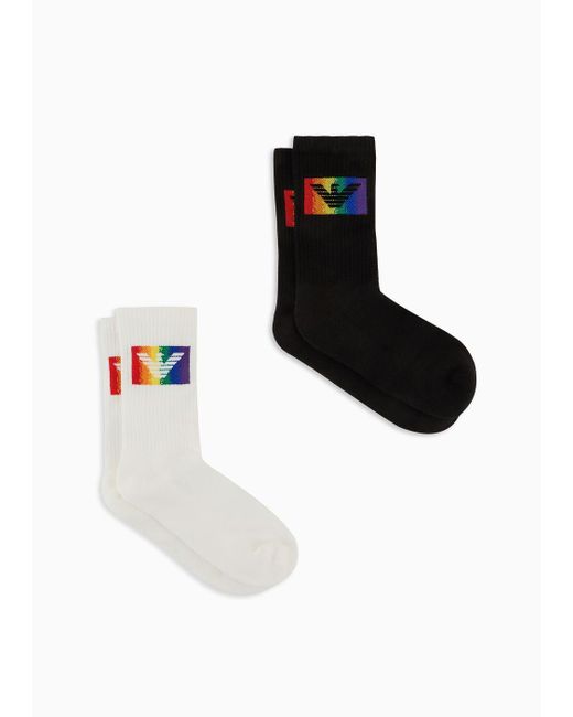 Emporio Armani Black Two-pack Of Terrycloth Socks With Rainbow Sports Logo for men