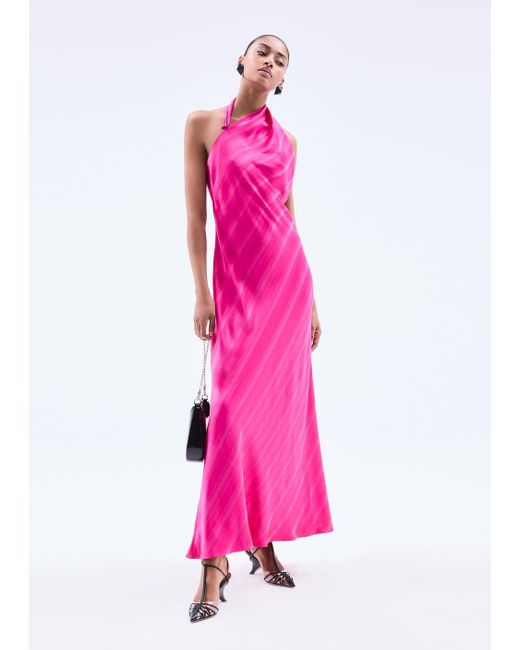 Emporio Armani Pink One-shoulder Long Dress In Jacquard Viscose With Diagonal Gradient-effect Motif