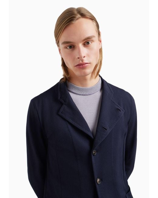 Emporio Armani Blue Guru-collar Jacket With Off-centre Fastening In 3d-effect Technical Jersey for men