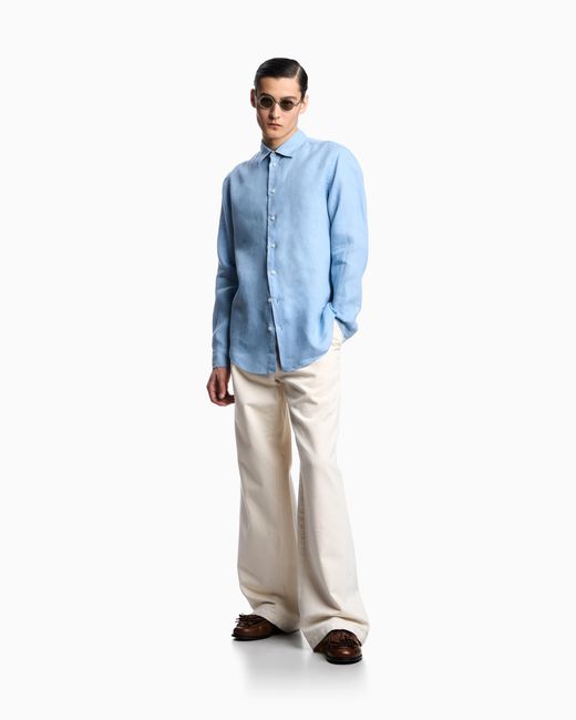 Emporio Armani Blue Garment-Dyed Linen Shirt With French Collar for men