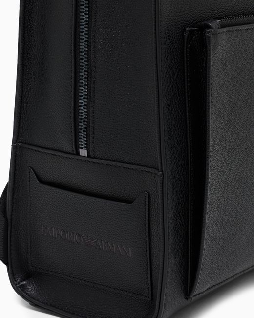 Emporio Armani Black Tumbled Top With Flap Leather Backpack And Laptop Sleeve for men