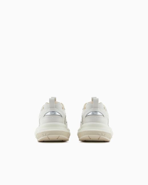 Emporio Armani White Leather Sneakers With Velvet Details And A Signature Logo