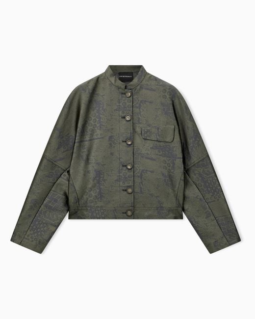 Emporio Armani Green Jacquard Landscape Blouson With Mandarin Collar And Buttons
