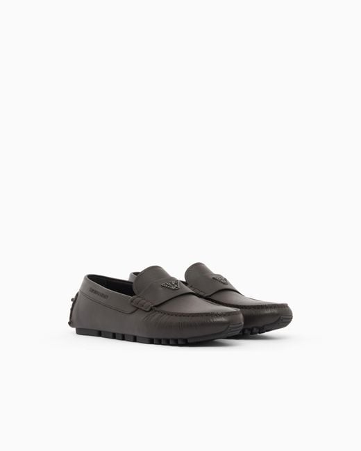 Emporio Armani White Saffiano Leather Driving Loafers for men