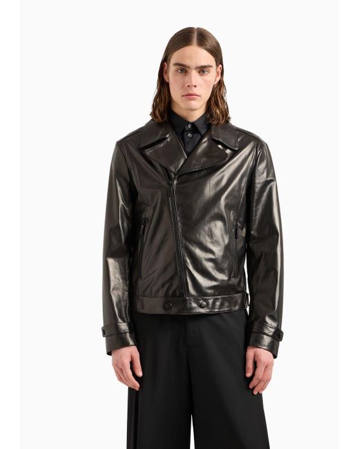 Emporio Armani Black Biker Jacket In Partially Vegetable-tanned Plonge Lamb Nappa Leather for men