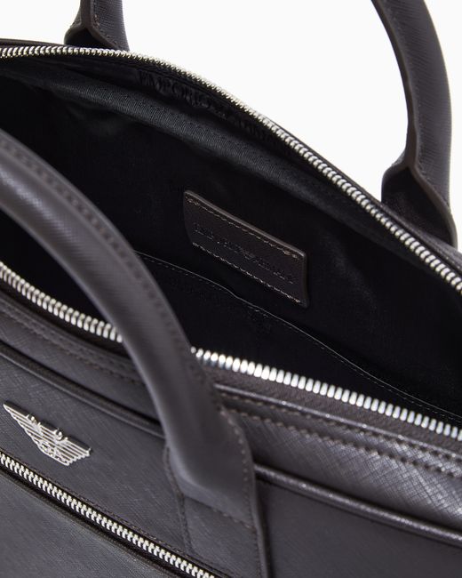 Emporio Armani Blue Regenerated Saffiano Leather Business Bag With Eagle Plate for men