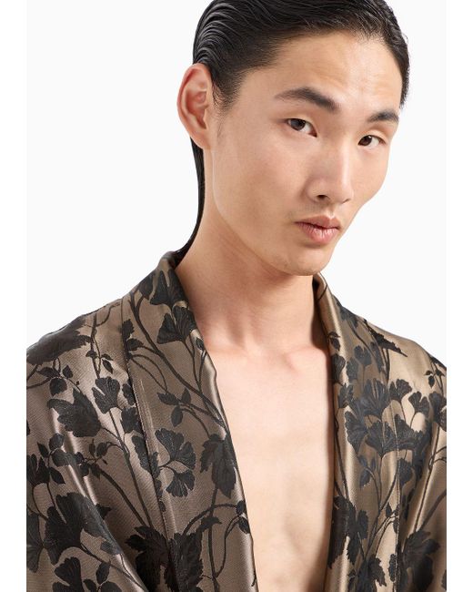Emporio Armani Black Wide Shirt With A Shawl Collar In A Jacquard Technical Fabric With A Ginkgo Motif for men