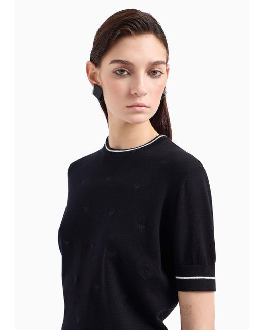 Emporio Armani Black Short-sleeved Jumper With All-over Micro-eagle Embroidery