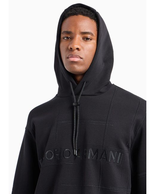 Emporio Armani Blue Comfortable, Double-jersey Hooded Sweatshirt With Embroidery And All-over Logo for men