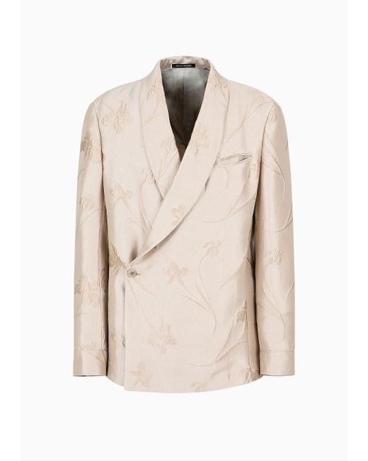 Emporio Armani Natural Floral Jacquard Silk-blend Jacket With Shawl Collar And Wrap Closure for men