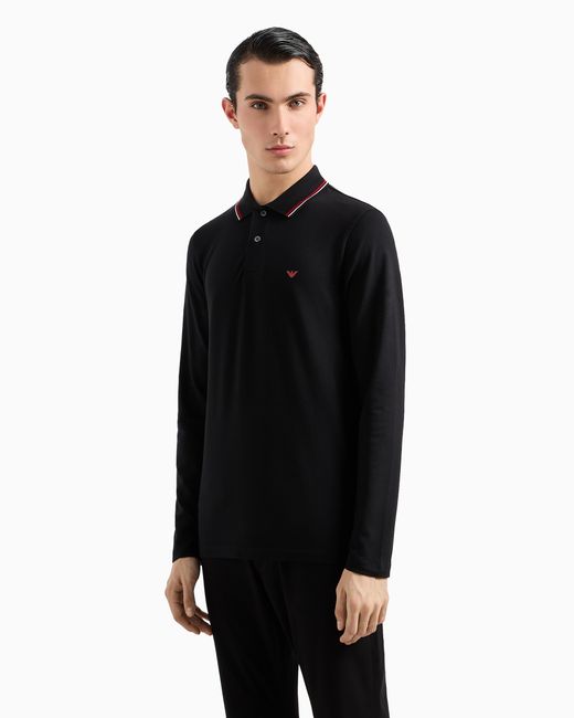 Emporio Armani Poloshirt Mit Langen Ärmeln Aus Pikee-Stretch Und Aufgesticktem Mikro-Adler in Black für Herren