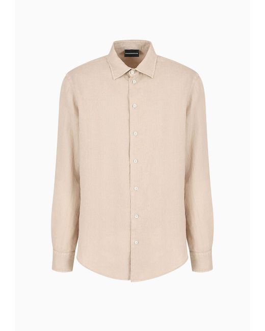 Emporio Armani Natural Garment-dyed Linen Shirt With French Collar for men