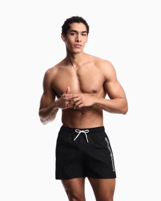 Emporio Armani Black Swim Shorts With Stitched Logo Embroidery for men