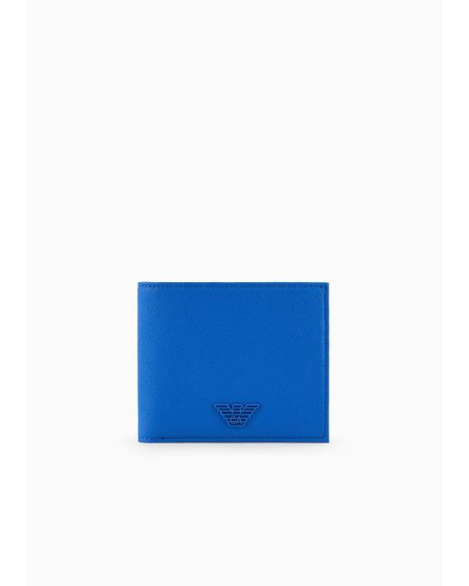 Emporio Armani Blue Asv Regenerated Saffiano Leather Card Holder Wallet With Rubberised Eagle for men