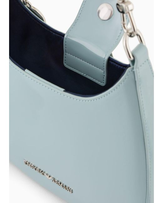Emporio Armani Blue Small Hobo Shoulder Bag In Patent Leather With Chain Strap