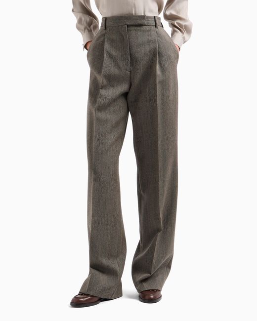 Emporio Armani Gray Mouliné Wool-Blend Trousers With Darts And Chevron Motif