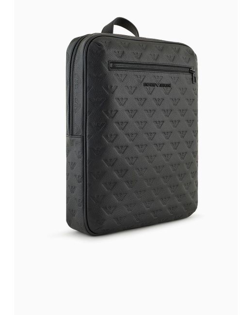 Emporio Armani Black Slim Leather Backpack With All-over Embossed Eagle for men