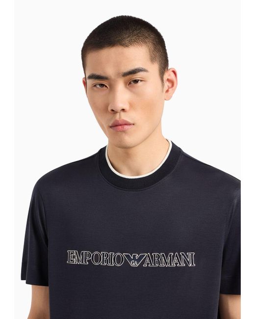 Emporio Armani Blue Lyocell-blend Jersey T-shirt With Asv Logo Raised Embroidery for men