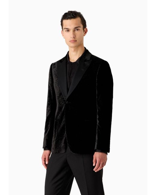 Emporio Armani Black Slim-fit Velvet Tuxedo Jacket With All-over Printed Motif for men