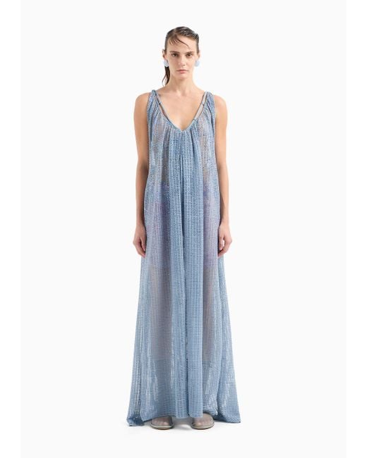 Emporio Armani Blue Plain Knit And Ottoman Long Dress With All-over Rhinestones