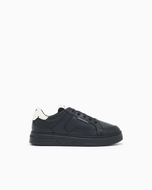 Emporio Armani Black Leather Sneaker With Tumbled Finish And Padded Collar for men