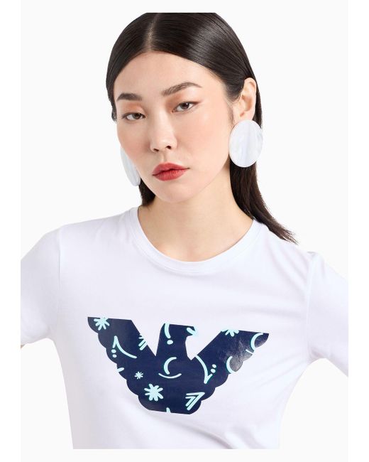 Emporio Armani White Asv Organic Stretch Jersey T-shirt With Oversized Eagle Pattern