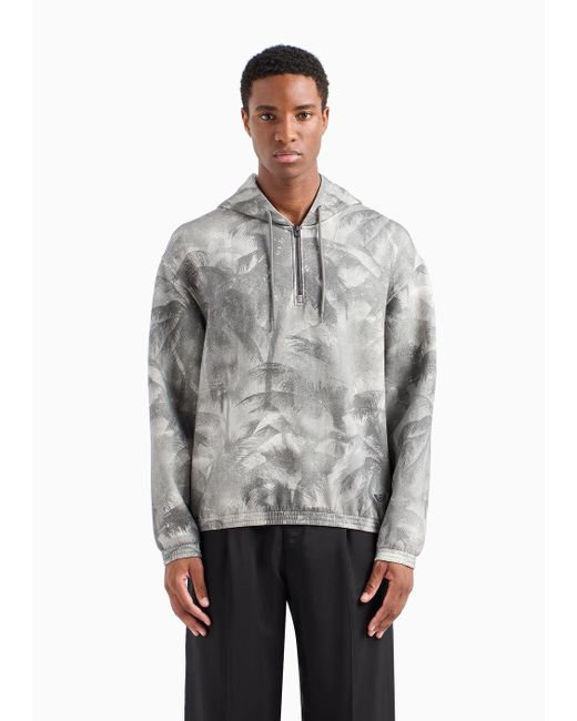 Emporio Armani Gray Oversized Sweatshirt In Double Jersey With Hood And All-over Print for men