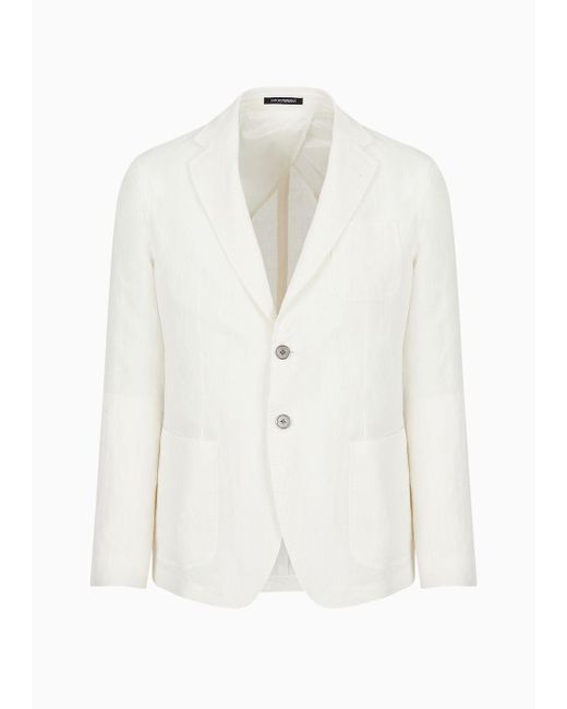 Emporio Armani White Single-breasted Jacket In Faded Linen With A Crêpe Texture for men