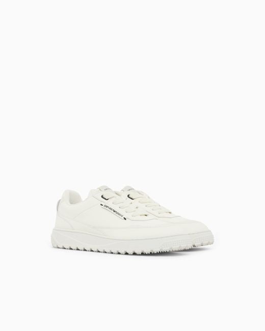 Emporio Armani White Smooth Leather Lace-Up Sneakers With A Textured Rubber Sole for men