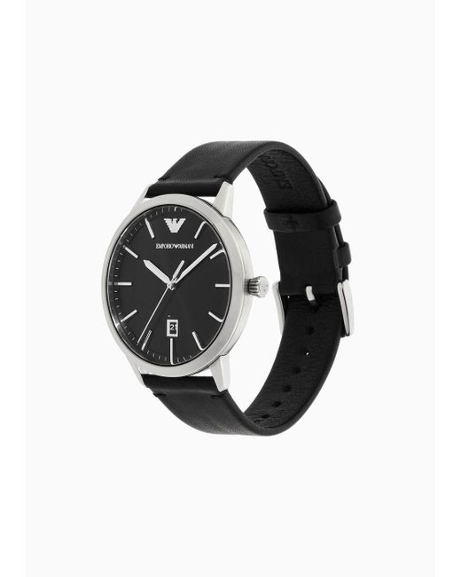 Emporio Armani Three-hand Date Black Leather Watch And Bracelet Set for men