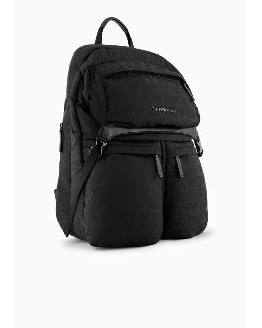 Emporio Armani Black Nylon Backpack With All-over, Jacquard Logo Lettering for men
