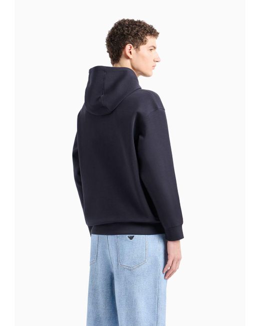 Emporio Armani Blue Oversized Double-jersey Hooded Sweatshirt With Logo Embroidery Trim for men