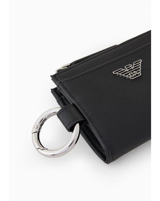 Emporio Armani Black Asv Regenerated Saffiano Leather Compact Wallet With Eagle Plate And Snap Hook for men
