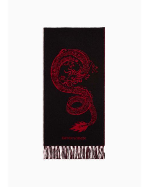 Emporio Armani Red Virgin-wool Scarf With Jacquard Dragon