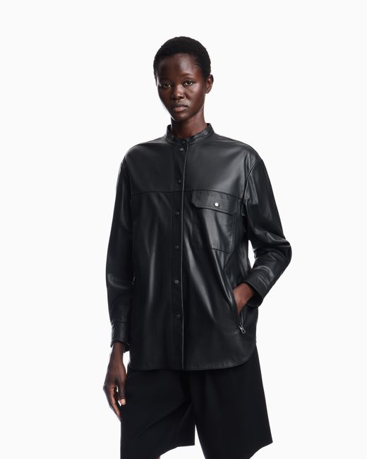 Emporio Armani Black Leather Shirt With Stand-Up Collar And Snap Buttons