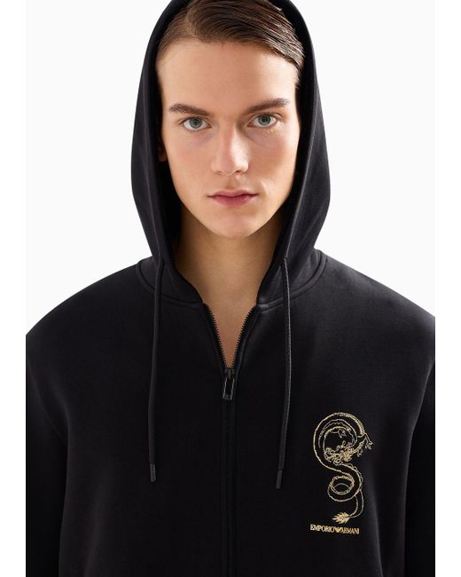 Emporio Armani Blue Double-jersey Hooded Sweatshirt With Dragon Embroidery for men