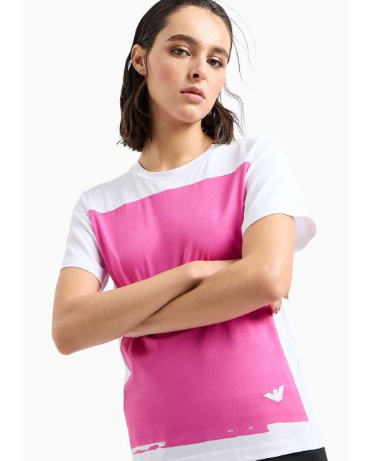 Emporio Armani Pink T-shirt Aus Supima-jersey Mit Effekt-print In Colorblock-optik