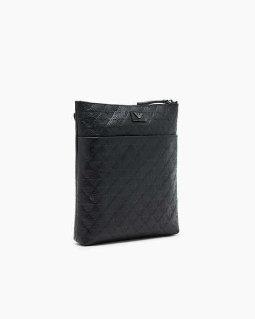 Emporio Armani Black Flat Leather Shoulder Bag With All-Over Embossed Eagle for men