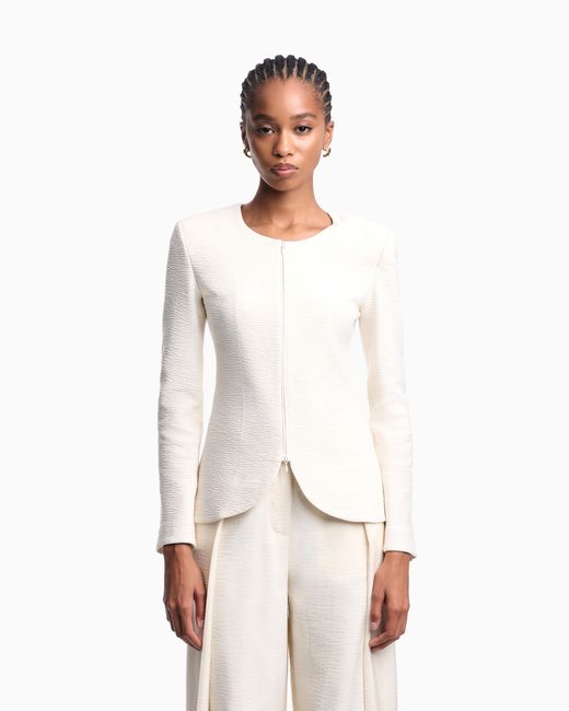 Emporio Armani White Embossed Jersey Zip-Up Jacket